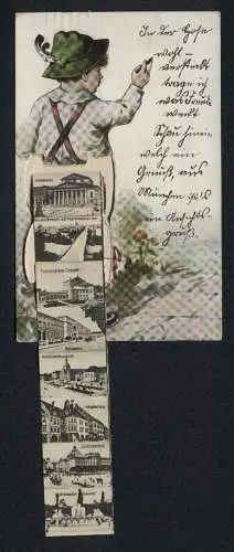Leporello-AK München, Ansichten in der Lederhose, Frauenkirche, Hoftheater, Rathaus, Residenz, Hofbräuhaus