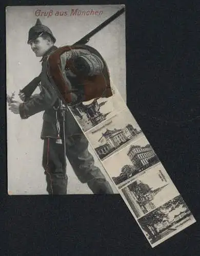 Leporello-AK München, Ansichten im Marschgepäck, Nationalmuseum, Siegestor, Altes Rathaus, Prinzregenten-Theater