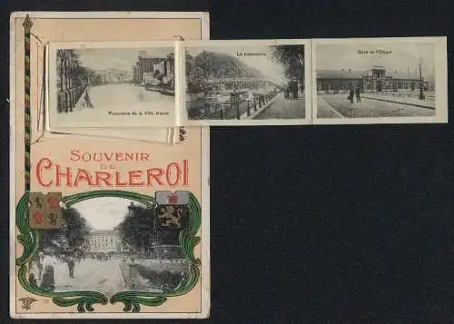 Leporello-AK Charleroi, Gare de l`Ouest, la passerelle, Avenue de Viaducs, Place de la Gare et poste