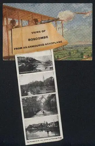 Leporello-AK Boscombe, Armoured airplane in battle, the pier, rustic bridge and steps in the gardens, The Arcade