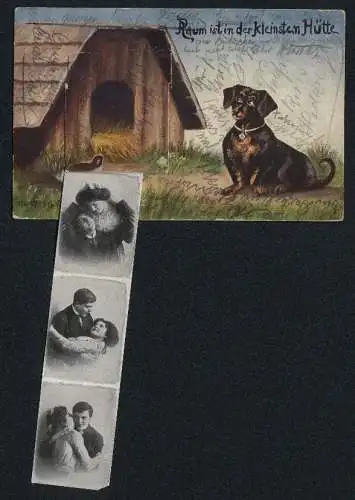 Leporello-AK Ein Dackel vor seiner Hundehütte, innige Fotos eines Paares darin