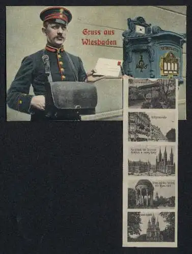 Leporello-AK Wiesbaden, Postbote wirft Ansichten in den Briefkasten, Neues Curhaus mir Kurgarten, Königl. Theater