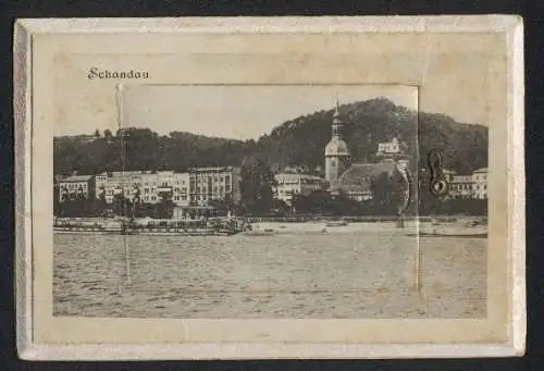 Leporello-AK Schandau, Ortsansicht vom Wasser aus, Prebischtor, Gasthaus Brand, Bastei, Hohenstein