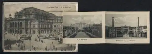 Leporello-AK Wien, Oper, Strassenbahn vor der Hof-Oper, Kärntnerring, Rathaus, Karlskirche