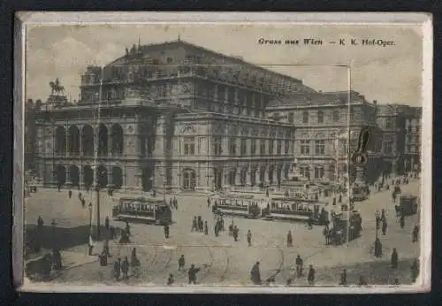 Leporello-AK Wien, Oper, Strassenbahn vor der Hof-Oper, Kärntnerring, Rathaus, Karlskirche