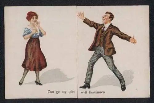 Mechanische-AK Mann tanzt fröhlich auf eine Dame zu, zerschlägt die Kommode