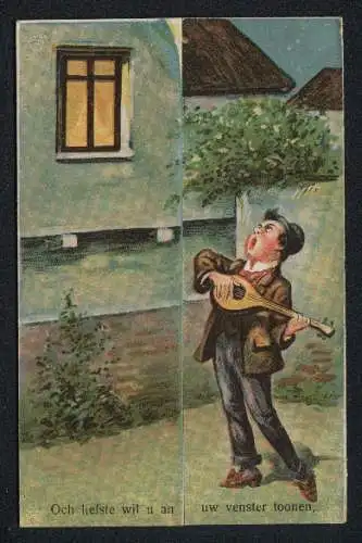 Mechanische-AK Mann singt seiner Angebeteten ein Lied und wird mit Wasser übergossen