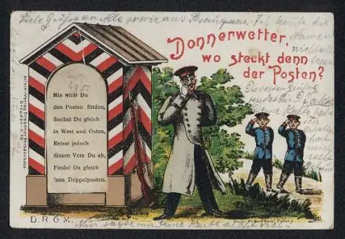 Lithographie Donnerwetter wo steckt denn der Posten? Offizier sucht den Wachposten