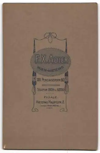 Fotografie F. X. Adler, Wien-Hietzing, Penzingerstrasse 60, Dame m. Mittelscheitel u. Ohrschmuck im hellen Festtagskleid