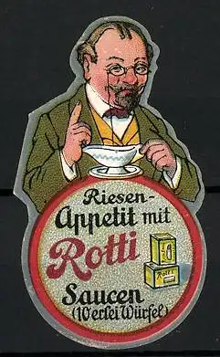 Reklamemarke Rotti Saucen, Mann mit Sauciere, Saucenwürfel