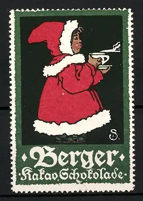 Künstler-Reklamemarke Sigmund von Suchodolski, Berger Kakao & Chocolade, Mädchen mit Tasse