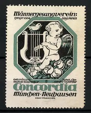 Reklamemarke München-Neuhausen, Männergesangsverein Concordia, Engel mit Lyra auf einem Rosenbett