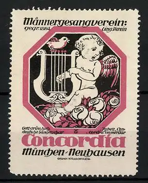 Reklamemarke München-Neuhausen, Männergesangsverein Concordia, Engel mit Lyra auf einem Rosenbett