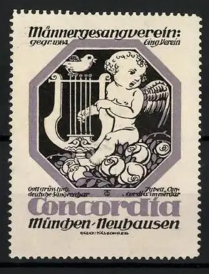 Reklamemarke München-Neuhausen, Männergesangsverein Concordia, Engel mit Lyra auf einem Rosenbett