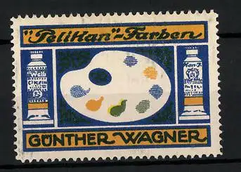 Reklamemarke Pelikan Farben, Günther Wagner, Farbpalette und Tuben