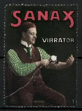 Reklamemarke Sanax Vibrator, Mann massiert seinen Unterarm