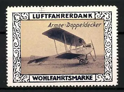 Reklamemarke Armee-Doppeldecker auf dem Flugfeld stehend, Wohlfahrtsmarke Luftfahrerdank