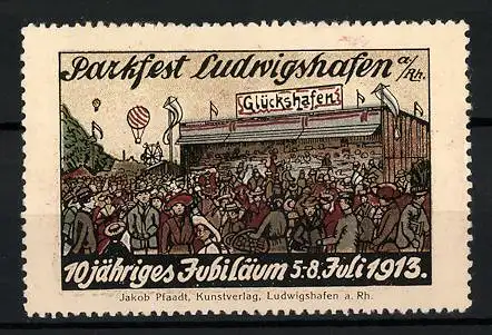Reklamemarke Ludwigshafen, Parkfest & 10 jähr. Jubiläum 1913, Besucher vor einer Attraktion