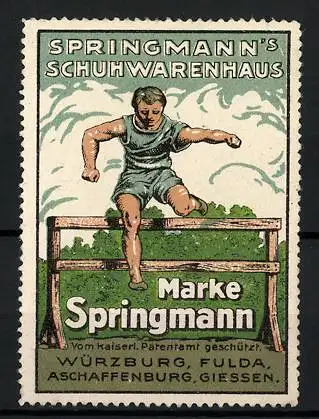 Reklamemarke Springmann Sportschuhe, Schuhwarenhaus Springmann, Würzburg & Fulda, Sportler beim Hürdenlauf