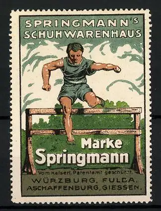 Reklamemarke Springmann Sportschuhe, Schuhwarenhaus Springmann, Würzburg & Fulda, Sportler beim Hürdenlauf