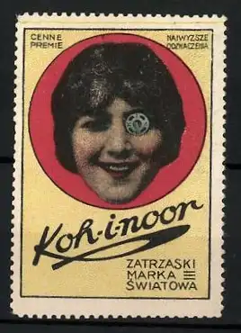 Reklamemarke Koh-i-noor Zatrzaski, Marka Sqiatowa, Frau mit Druckknopf im Auge