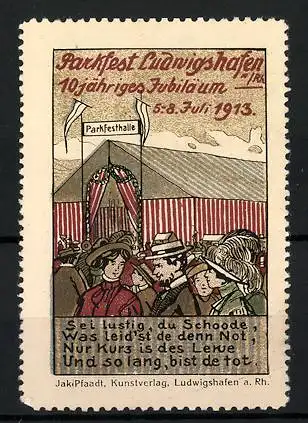 Reklamemarke Ludwigshafen, Parkfest & 10 jähr. Jubiläum 1913, Besucher vor der Parkfesthalle