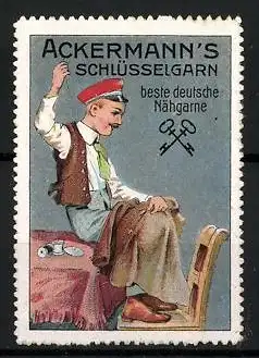 Reklamemarke Ackermann's Schlüsselgarn - beste deutsche Nähgarne, Student näht seine Jacke