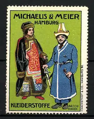 Reklamemarke Hamburg, Kleiderstoffe von Michaelis & Meier, Baschkiren in traditioneller Tracht