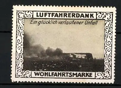Reklamemarke Ein glücklich verlaufener Unfall, Flugzeug auf dem Feld, Wohlfahrtsmarke Luftfahrerdank