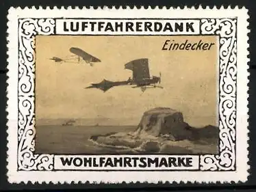 Reklamemarke Eindecker überfliegen das Meer, Wohlfahrtsmarke Luftfahrerdank