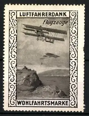 Reklamemarke Flugzeuge überfliegen eine Landschaft, Wohlfahrtsmarke Luftfahrerdank