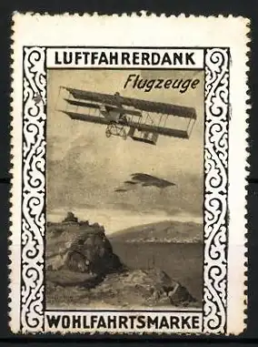 Reklamemarke Flugzeuge überfliegen eine Landschaft, Wohlfahrtsmarke Luftfahrerdank