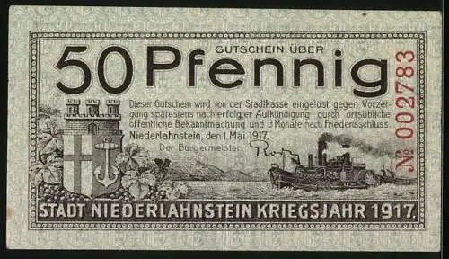 Notgeld Niederlahnstein 1917, 50 Pfennig, Kirche, Schinken, Rettich