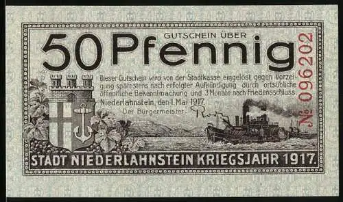 Notgeld Niederlahnstein 1917, 50 Pfennig, Dampfer in Fahrt, Wappen