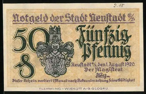 Notgeld Neustadt a. S. 1920, 50 Pfennig, Innerer Schlosshof, Stadtwappen