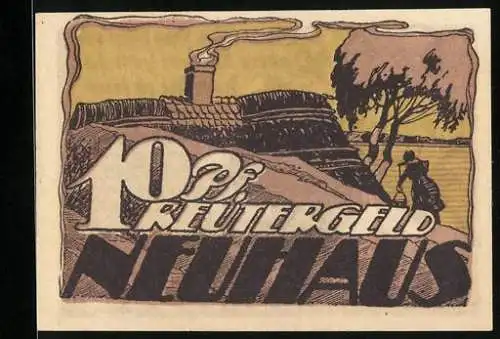 Notgeld Neuhaus 1922, 10 Pfennig, Wasserträgerin vor Haus
