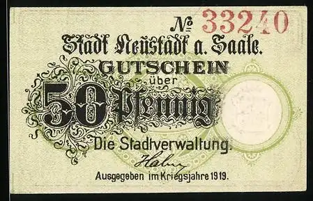 Notgeld Neustadt a. Saale 1919, 50 Pfennig, Stadttor mit Strassenpartie