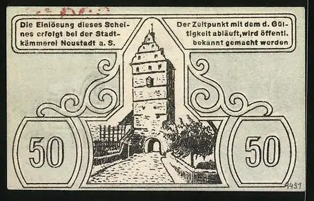 Notgeld Neustadt a. Saale 1919, 50 Pfennig, Stadttor mit Strassenpartie