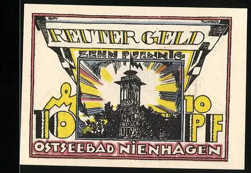 Notgeld Nienhagen /Ostsee 1922, 10 Pfennig, Leuchtturm, Fischer holen Netz ein