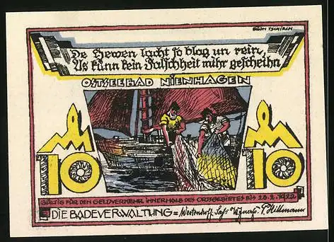 Notgeld Nienhagen /Ostsee 1922, 10 Pfennig, Leuchtturm, Fischer holen Netz ein