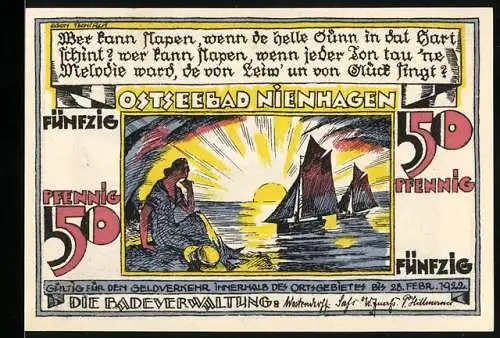 Notgeld Nienhagen /Ostsee 1922, 10 Pfennig, Frau am Ufer und Segelboote