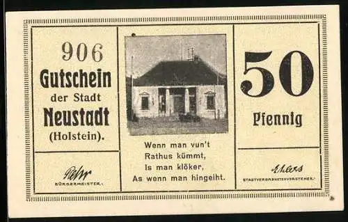 Notgeld Neustadt /Holstein, 50 Pfennig, Rathaus