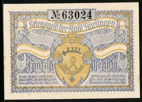 Notgeld Nürtingen 1920, 50 Pfennig, Kirche, Wappen