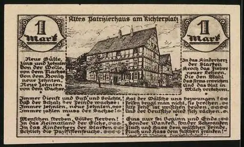 Notgeld Nieheim i. Westf. 1921, 1 Mark, Altes Patrizierhaus am Richterplatz, Wappen