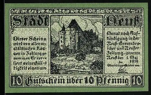 Notgeld Neuss 1919, 10 Pfennig, Schloss, Wappen