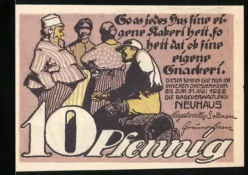 Notgeld Neuhaus 1922, 10 Pfennig, Bäcker unterhalten sich