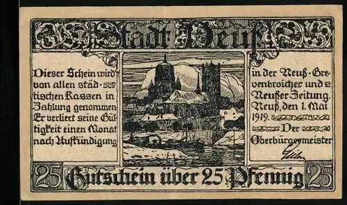 Notgeld Neuss 1919, 25 Pfennig, Ortspartie mit Kirche im Schnee