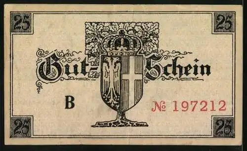 Notgeld Neuss 1919, 25 Pfennig, Ortspartie mit Kirche im Schnee
