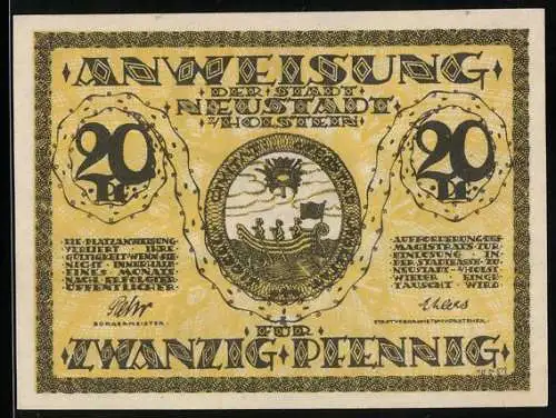 Notgeld Neustadt i. Holstein, 20 Pfennig, Gebäudeansicht, Stadtsiegel