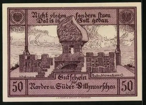 Notgeld Norder - und Süder-Dithmarschen, 50 Pfennig, Siegel, Festungsmauern und -turm